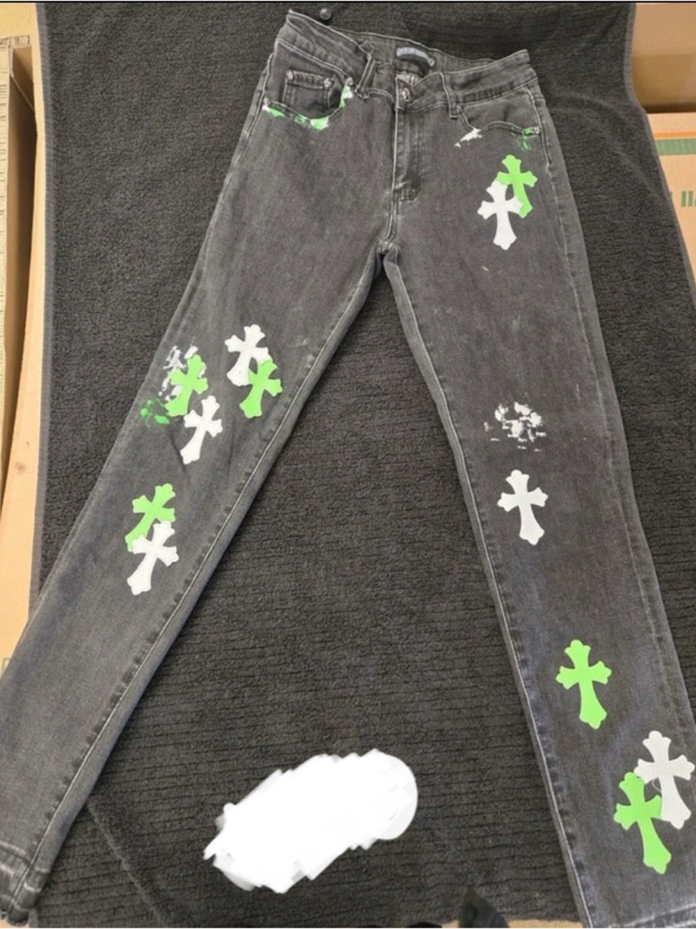 Chrome Hearts Black Straight Jeans with White & Neon Green Crosses